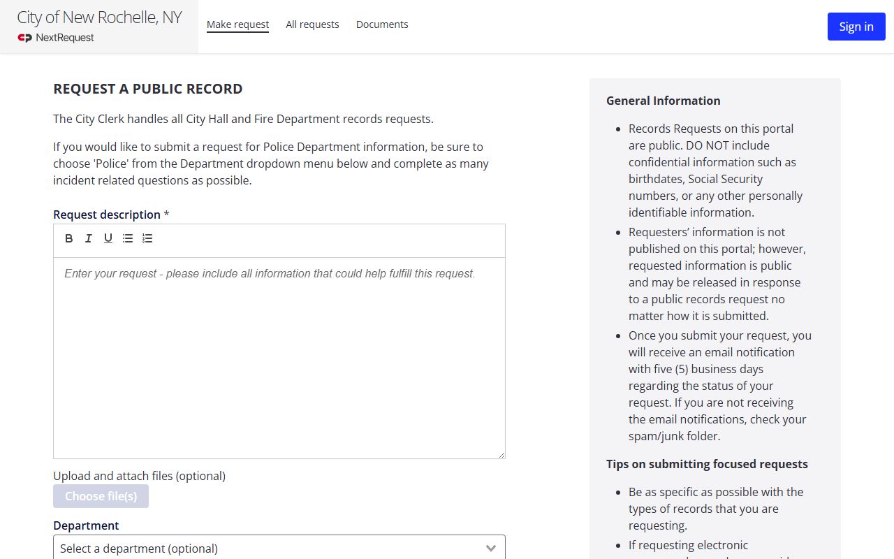 New Rochelle public records request portal booking reports