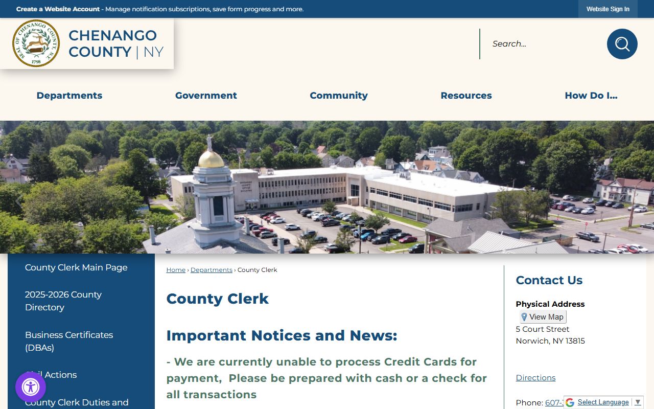 Chenango County booking reports County Clerk office page
