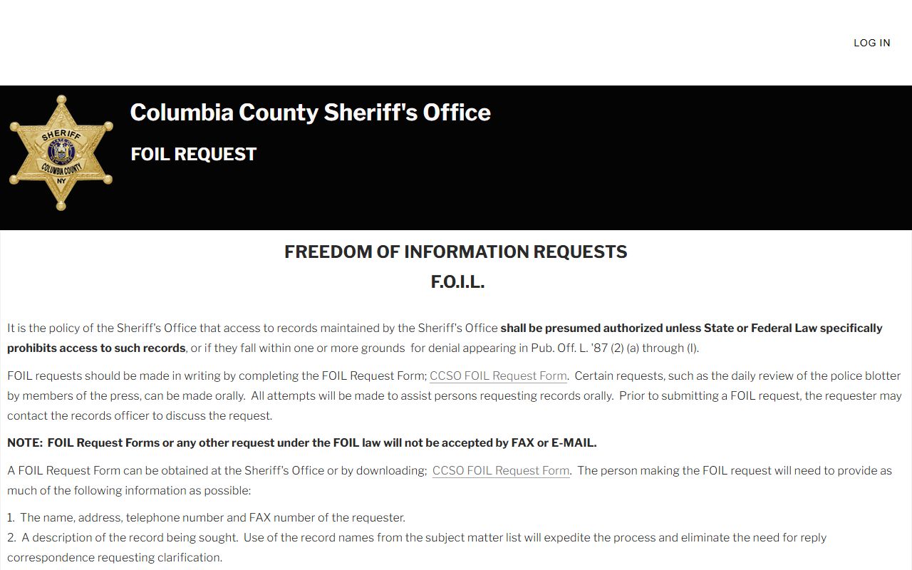 Columbia County FOIL request booking reports