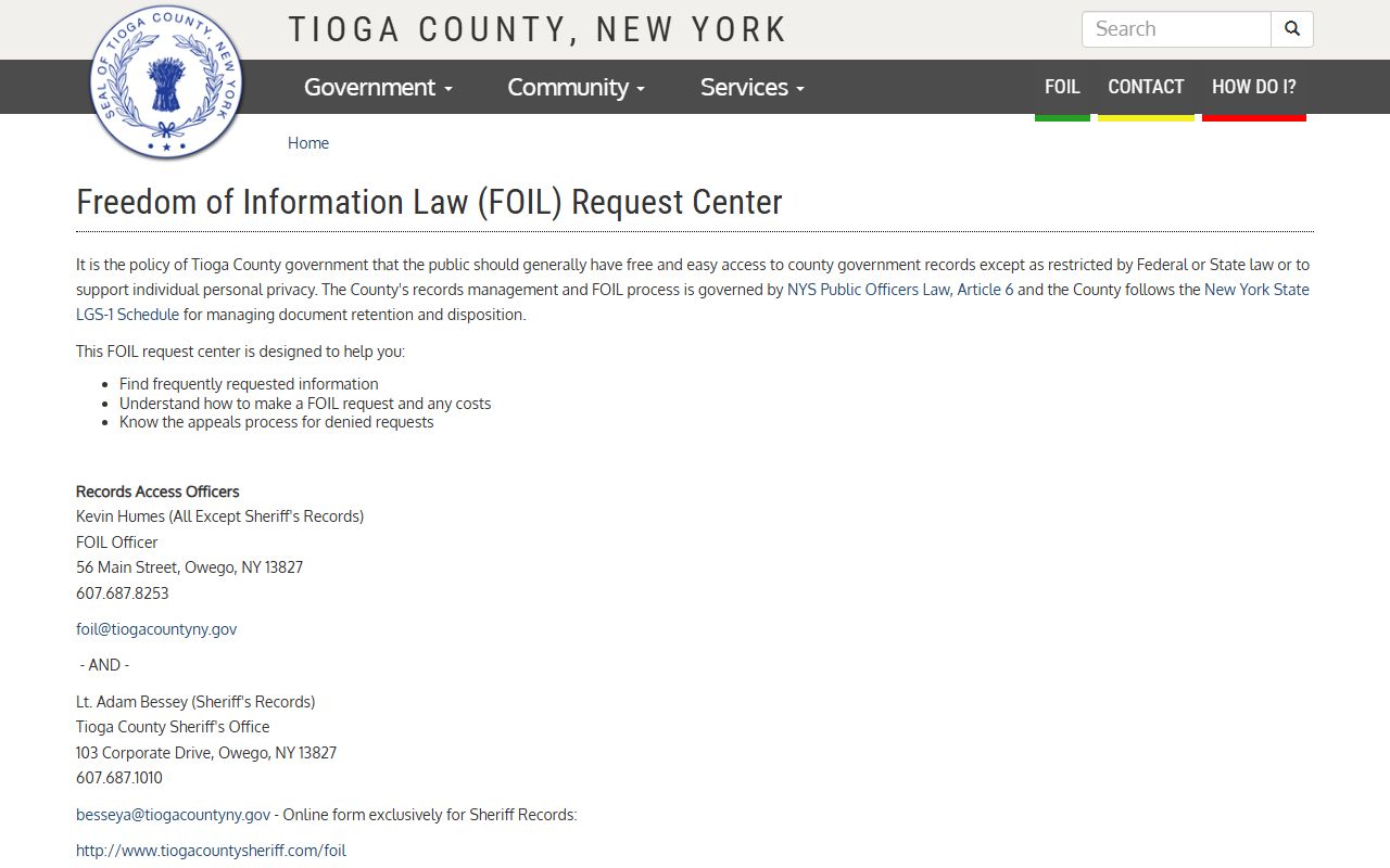 Tioga County Clerk FOIL booking reports