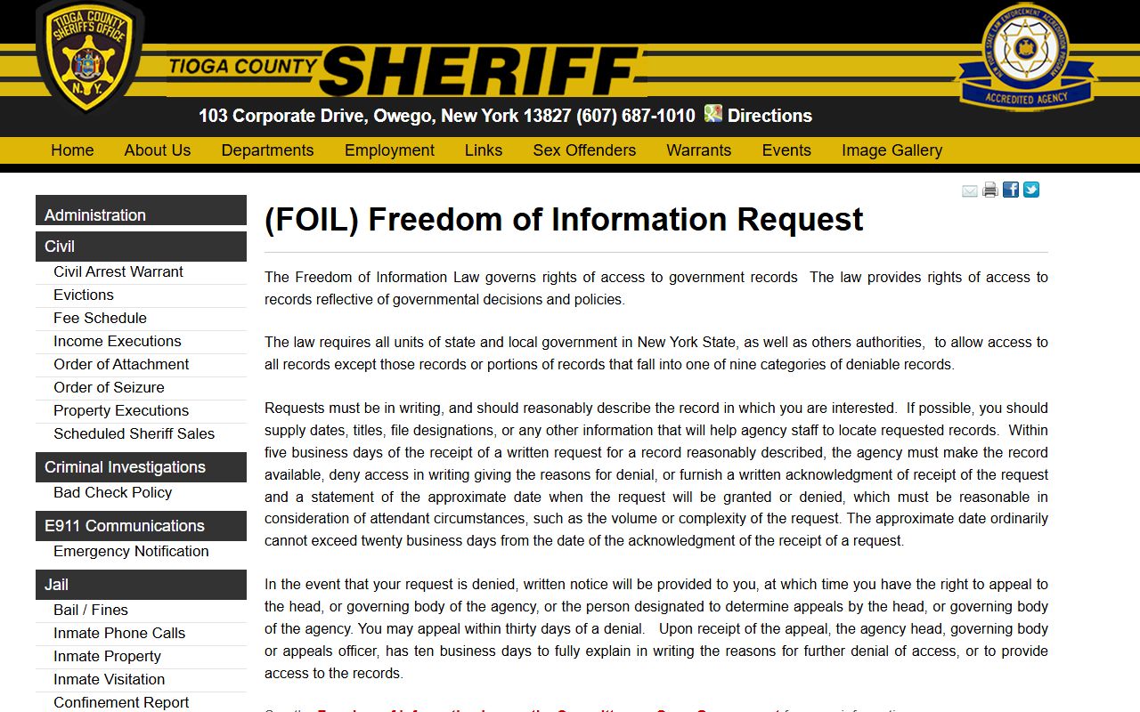 Tioga County Sheriff booking reports FOIL